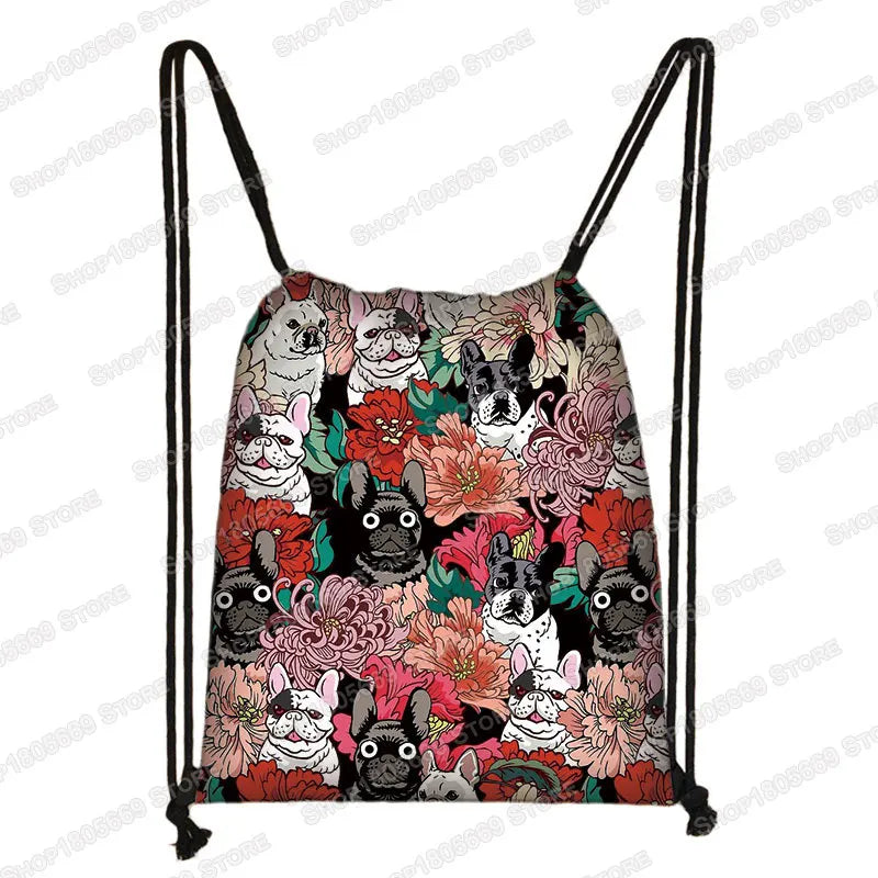 Kawaii Cartoon Dog Cat Backpack Women Drawstring Bags Canvas Shoulder Bag for Travel Girls Rucksack Storage Bags Shoes Holder