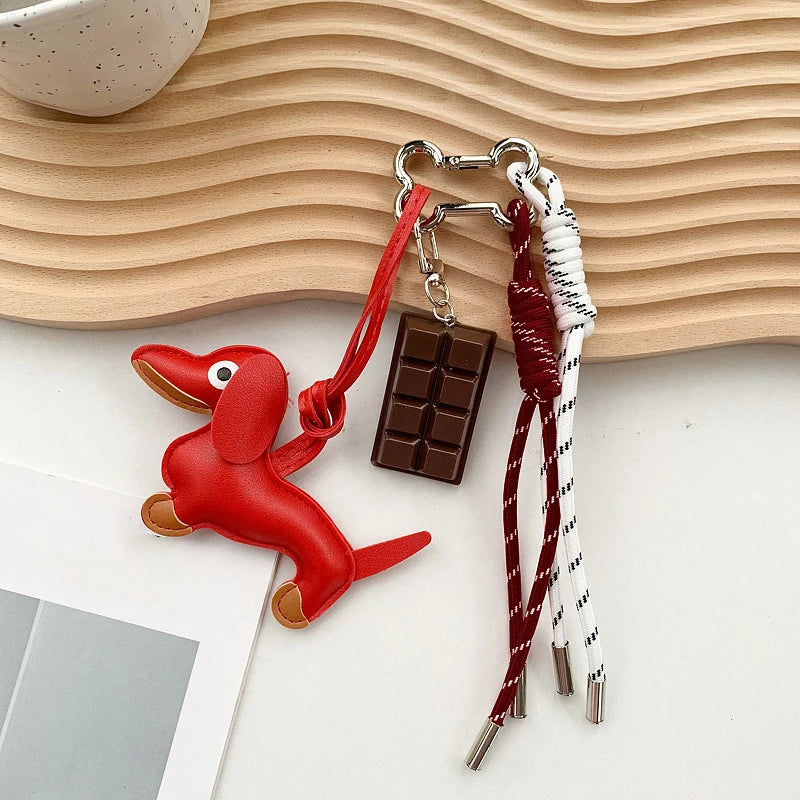 Leather Dachshund Bag Pendant Creative Keychain Lanyard bag Accessory Key Pendant Car Keyring Charm Gift