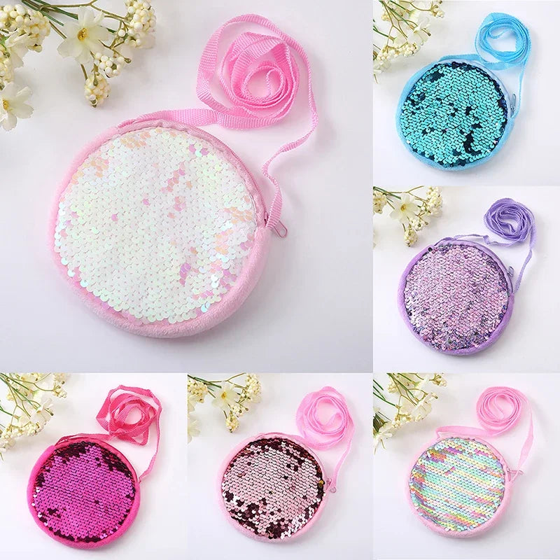 Lovely Round Princess Coin Purse Color Sequins Shiny Lanyard Shoulder Bag Children's Messenger Small Pack Kids Handbag Girl Gift