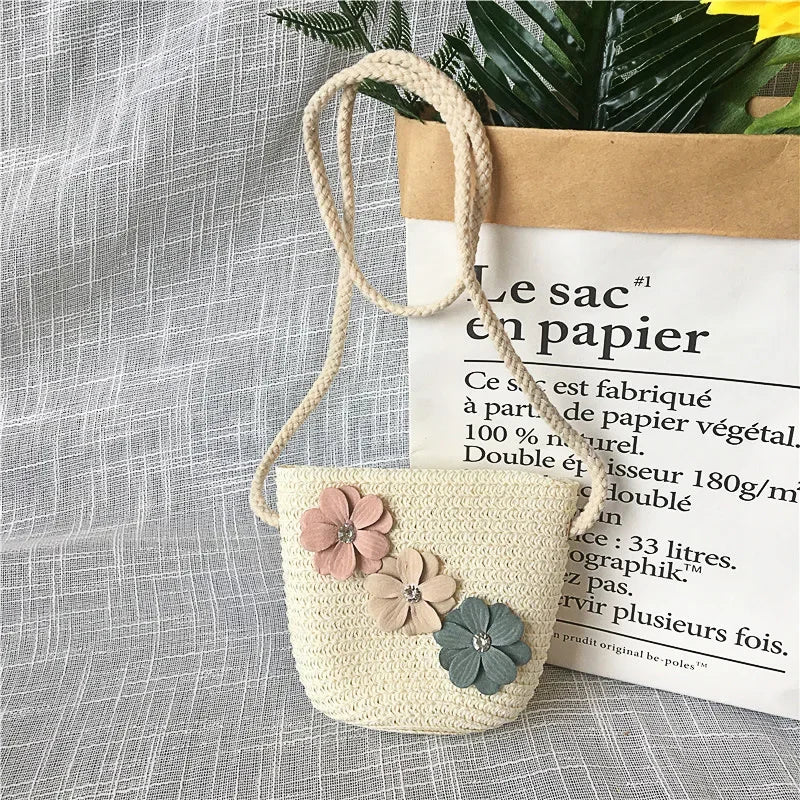 Children's Straw Crossbody Bag Lovely Girls Small Coin Purse Princess Wallet Handbags Baby Kids Mini Summer Shoulder Bags