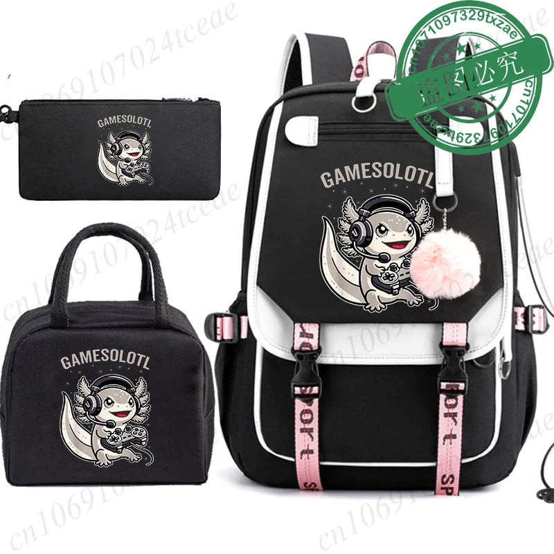 Boba Axolotl Anime School Backpack for Teenage Girls Fashiona Back To School Bookbag Mochila Bookbag with Lunch Bags ,Pencil Bag