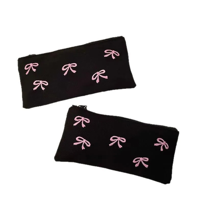 ins Japanese bow embroidery pencil bag high value girl student stationery makeup brush storage bag portable pencil bag