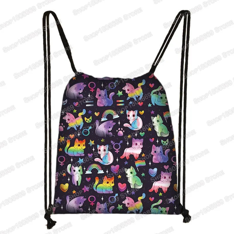 Kawaii Cartoon Dog Cat Backpack Women Drawstring Bags Canvas Shoulder Bag for Travel Girls Rucksack Storage Bags Shoes Holder