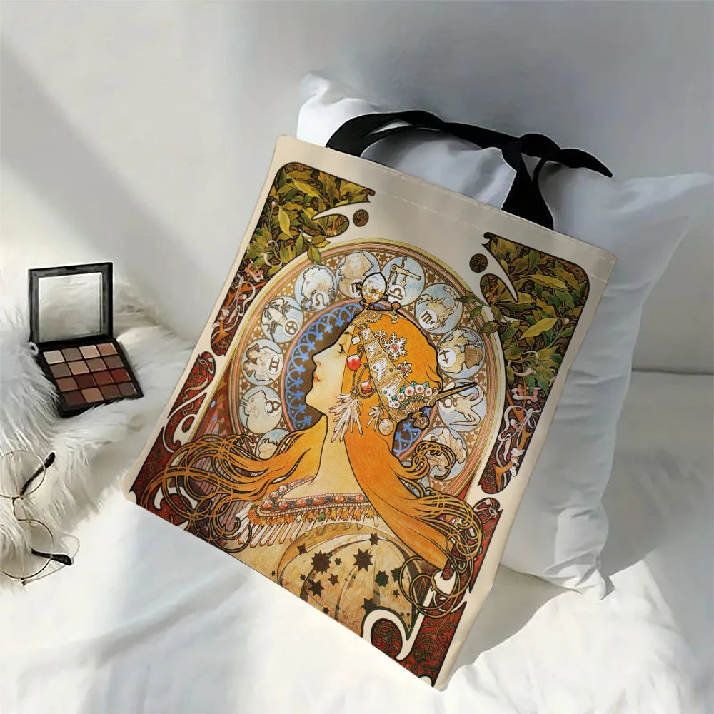 Mucha Series Digital Printed Linen Bag Open Tote Bag Handbag Retro Shopping Bag