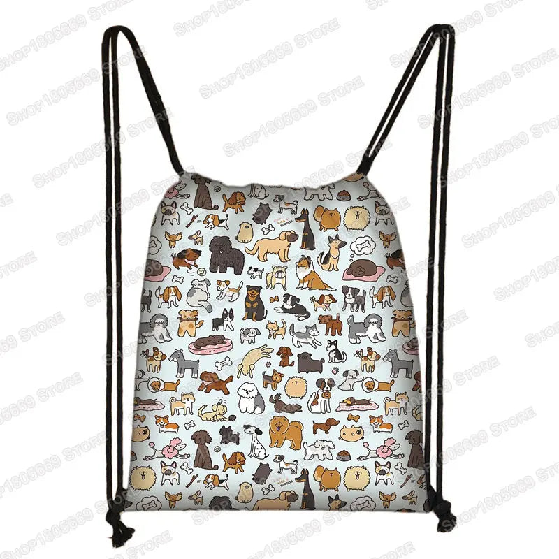 Kawaii Cartoon Dog Cat Backpack Women Drawstring Bags Canvas Shoulder Bag for Travel Girls Rucksack Storage Bags Shoes Holder