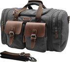Expandable 60L Canvas Leather Duffle Bag, Waterproof, Weekender Carry-On with Shoe Compartment