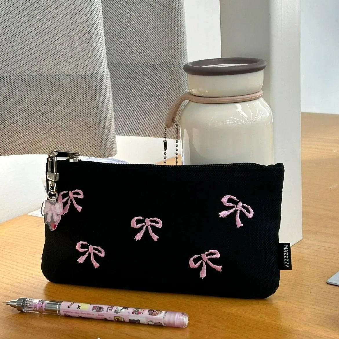 ins Japanese bow embroidery pencil bag high value girl student stationery makeup brush storage bag portable pencil bag
