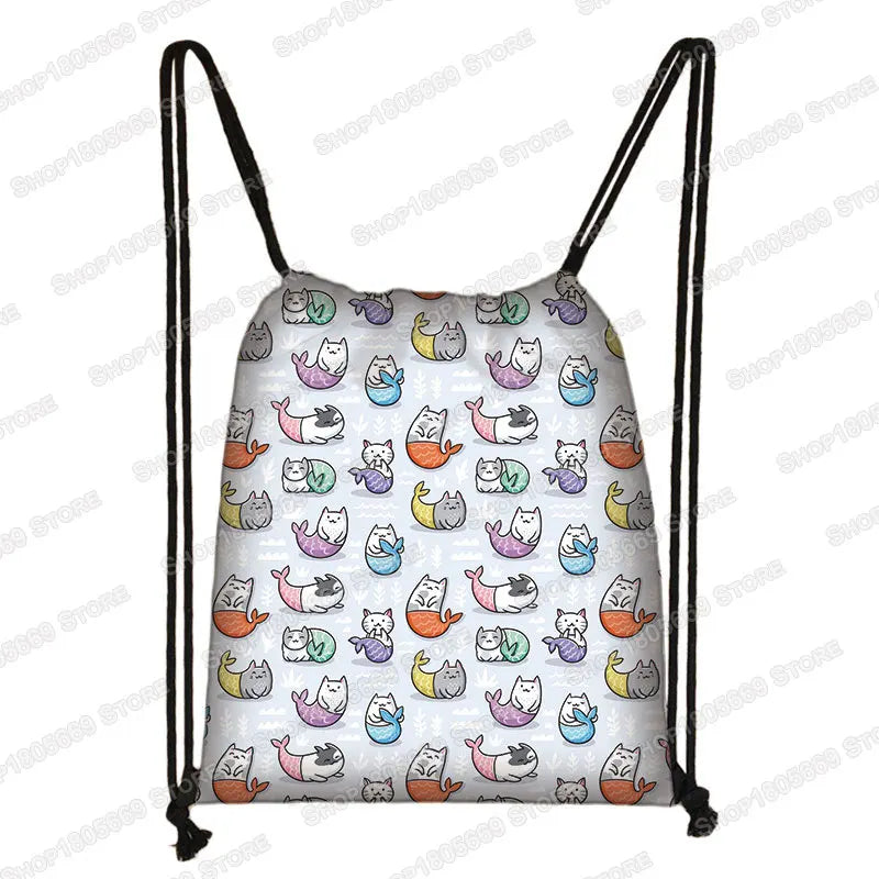 Kawaii Cartoon Dog Cat Backpack Women Drawstring Bags Canvas Shoulder Bag for Travel Girls Rucksack Storage Bags Shoes Holder