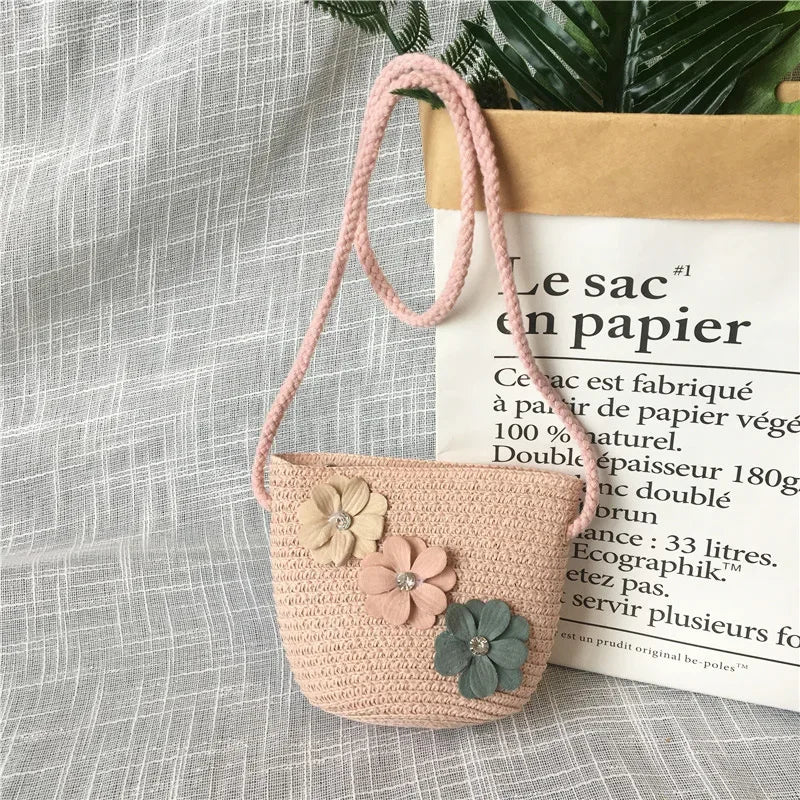 Children's Straw Crossbody Bag Lovely Girls Small Coin Purse Princess Wallet Handbags Baby Kids Mini Summer Shoulder Bags