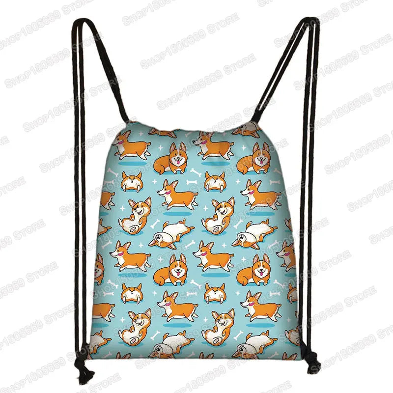 Kawaii Cartoon Dog Cat Backpack Women Drawstring Bags Canvas Shoulder Bag for Travel Girls Rucksack Storage Bags Shoes Holder