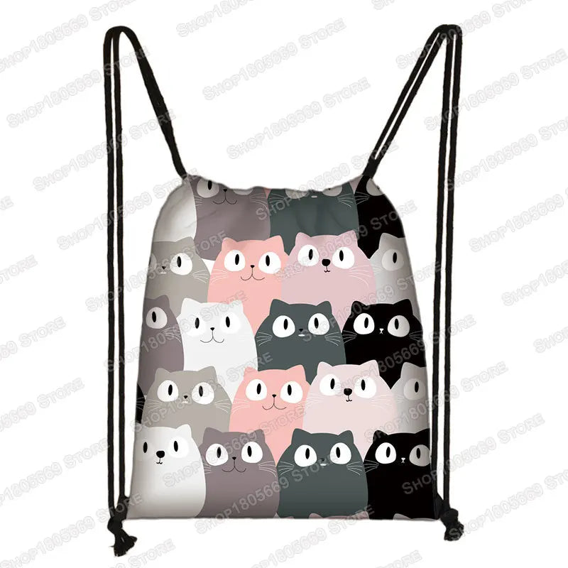 Kawaii Cartoon Dog Cat Backpack Women Drawstring Bags Canvas Shoulder Bag for Travel Girls Rucksack Storage Bags Shoes Holder
