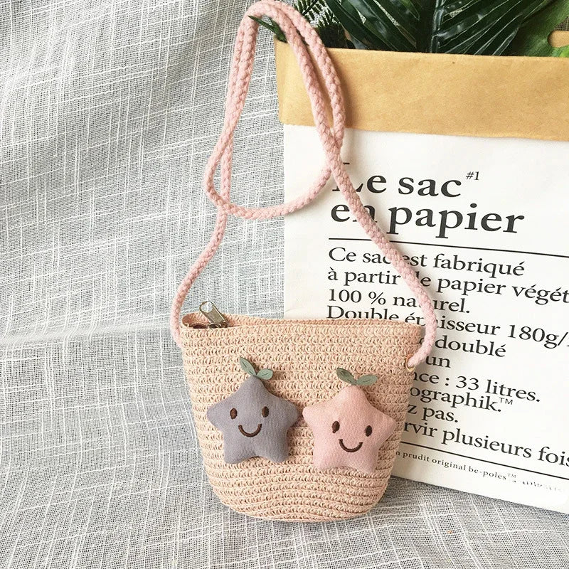 Children's Straw Crossbody Bag Lovely Girls Small Coin Purse Princess Wallet Handbags Baby Kids Mini Summer Shoulder Bags