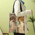 Mucha Series Digital Printed Linen Bag Open Tote Bag Handbag Retro Shopping Bag