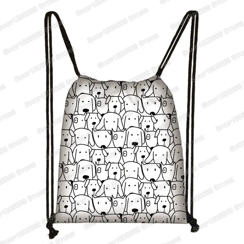 Kawaii Cartoon Dog Cat Backpack Women Drawstring Bags Canvas Shoulder Bag for Travel Girls Rucksack Storage Bags Shoes Holder