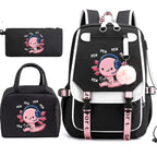Boba Axolotl Anime School Backpack for Teenage Girls Fashiona Back To School Bookbag Mochila Bookbag with Lunch Bags ,Pencil Bag