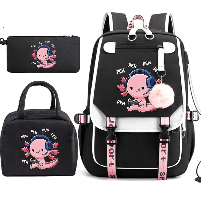 Boba Axolotl Anime School Backpack for Teenage Girls Fashiona Back To School Bookbag Mochila Bookbag with Lunch Bags ,Pencil Bag