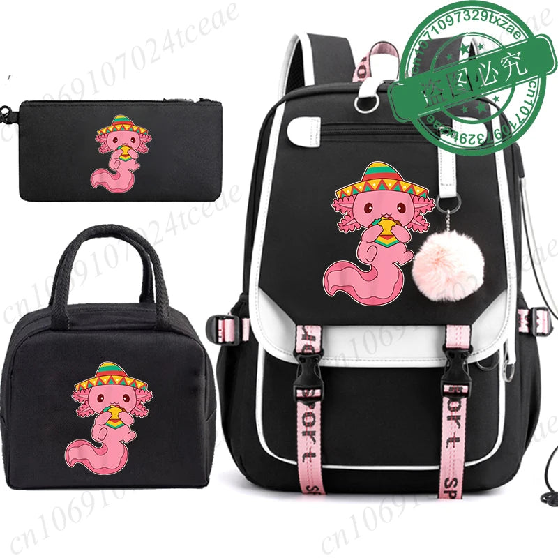 Boba Axolotl Anime School Backpack for Teenage Girls Fashiona Back To School Bookbag Mochila Bookbag with Lunch Bags ,Pencil Bag