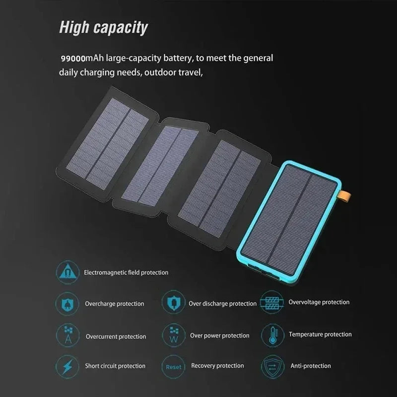 Lenovo LED Solar Power Bank  200000mAh 4 Solar Panels Wireless Charger Portable External Battery Flashlight for Outdoor Travel