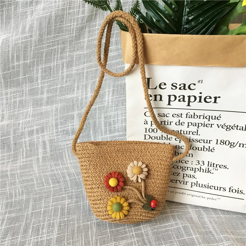 Children's Straw Crossbody Bag Lovely Girls Small Coin Purse Princess Wallet Handbags Baby Kids Mini Summer Shoulder Bags