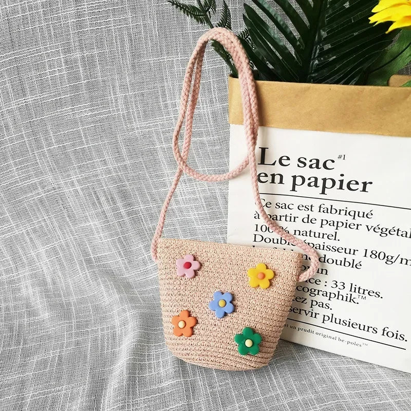 Children's Straw Crossbody Bag Lovely Girls Small Coin Purse Princess Wallet Handbags Baby Kids Mini Summer Shoulder Bags