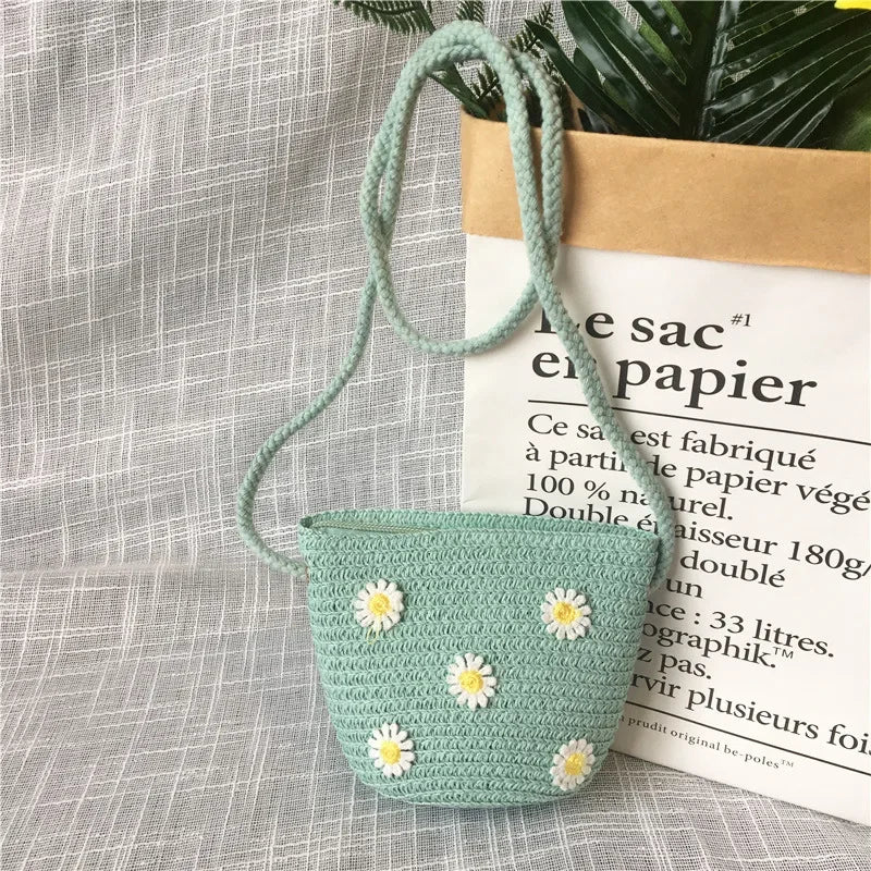 Children's Straw Crossbody Bag Lovely Girls Small Coin Purse Princess Wallet Handbags Baby Kids Mini Summer Shoulder Bags