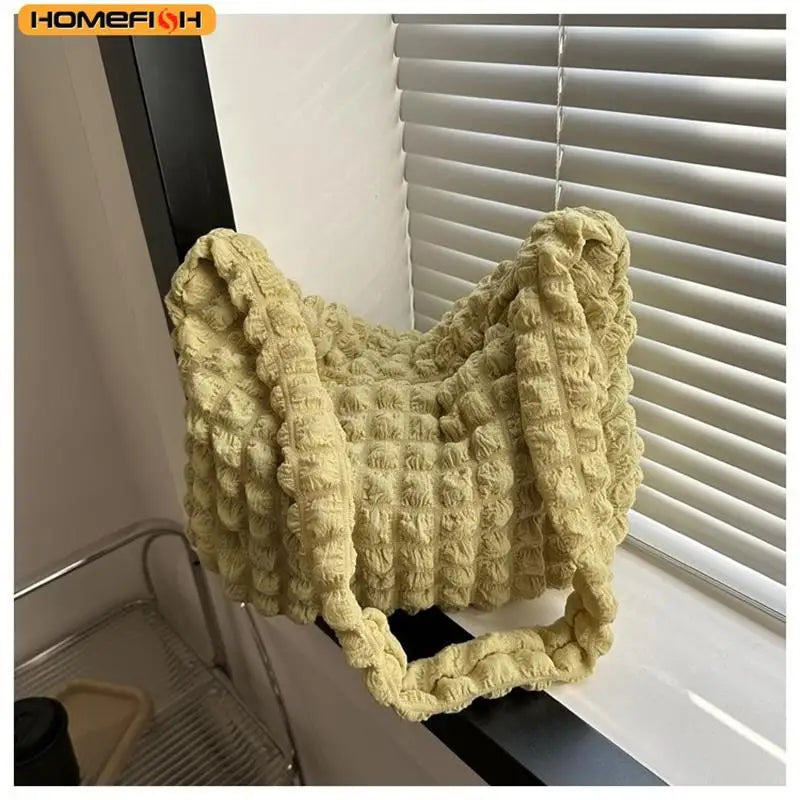 HOMEFISH Crossbody Bag With Pleated Design Embroidered Plaid Shoulder Bag Underarm Bags Simple Large Capacity Quilted Tote Bags