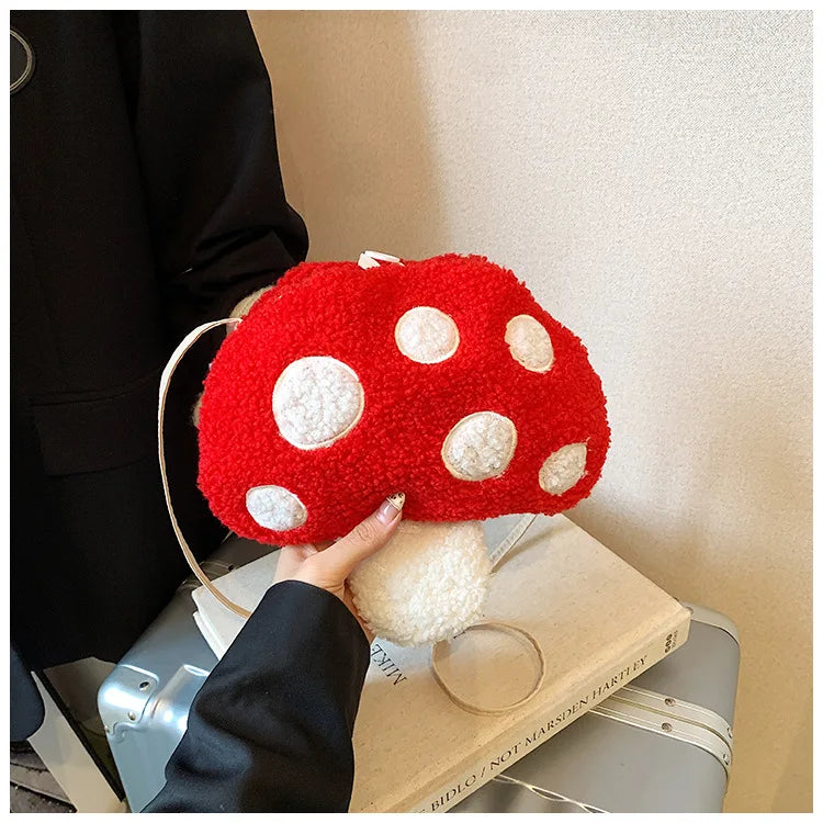 Cartoon Mushroom Girls Plush Shoulder Bags Cute Baby Kids Faux Lamb Wool Crossbody Bag Winter Boys Soft Handbags Coin Purse