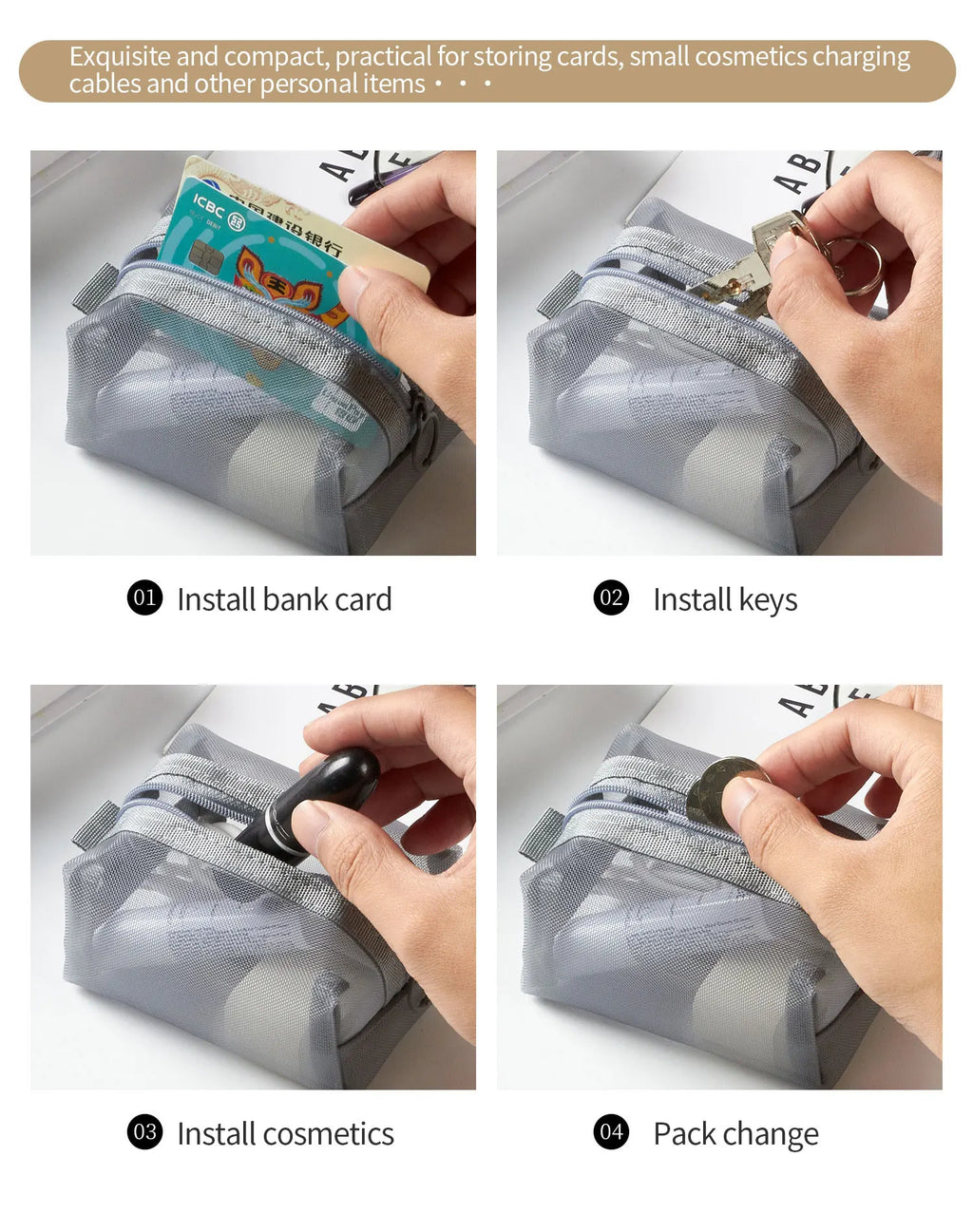 Multipurpose Breathable Square Mesh Storage Pouch Lightweight Mini Wash Bag Mini Zipper Coin Purse Large Capacity Coin Purse