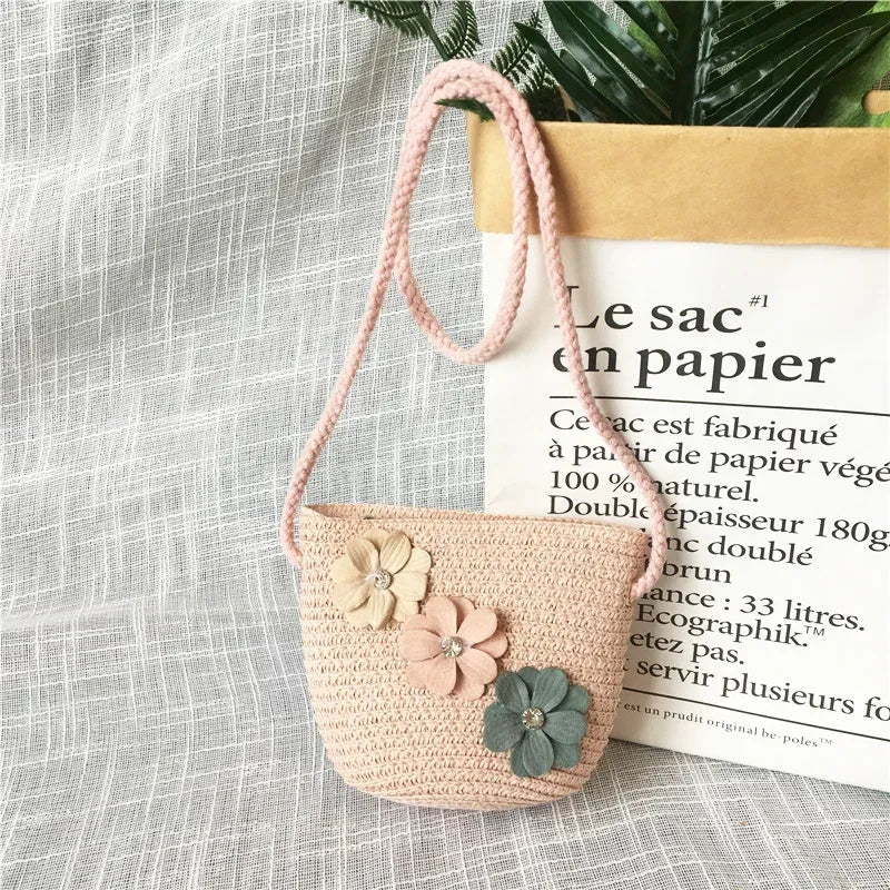 Children's Straw Crossbody Bag Lovely Girls Small Coin Purse Princess Wallet Handbags Baby Kids Mini Summer Shoulder Bags