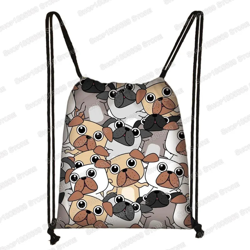 Kawaii Cartoon Dog Cat Backpack Women Drawstring Bags Canvas Shoulder Bag for Travel Girls Rucksack Storage Bags Shoes Holder