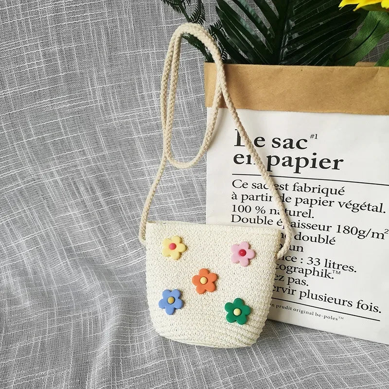 Children's Straw Crossbody Bag Lovely Girls Small Coin Purse Princess Wallet Handbags Baby Kids Mini Summer Shoulder Bags