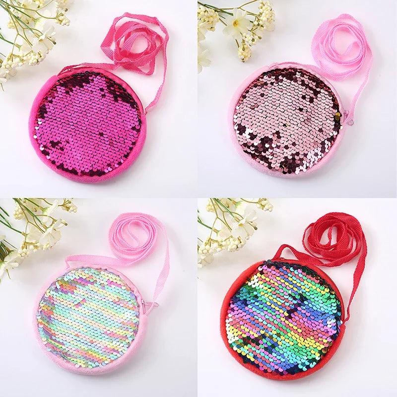 Lovely Round Princess Coin Purse Color Sequins Shiny Lanyard Shoulder Bag Children's Messenger Small Pack Kids Handbag Girl Gift
