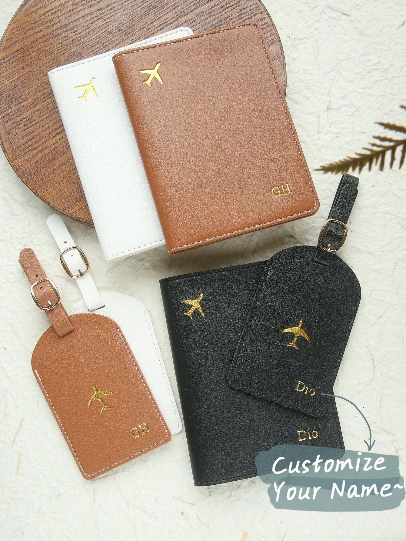 2PCS Custom Name Passport Holder & Luggage Tag Set Customized Gold Monogram Name Faux Leather Passport Cover with a Luggage Tag