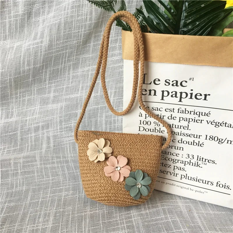 Children's Straw Crossbody Bag Lovely Girls Small Coin Purse Princess Wallet Handbags Baby Kids Mini Summer Shoulder Bags