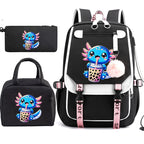 Boba Axolotl Anime School Backpack for Teenage Girls Fashiona Back To School Bookbag Mochila Bookbag with Lunch Bags ,Pencil Bag
