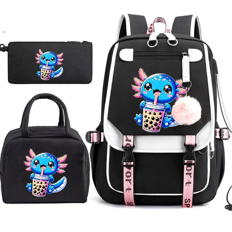 Boba Axolotl Anime School Backpack for Teenage Girls Fashiona Back To School Bookbag Mochila Bookbag with Lunch Bags ,Pencil Bag