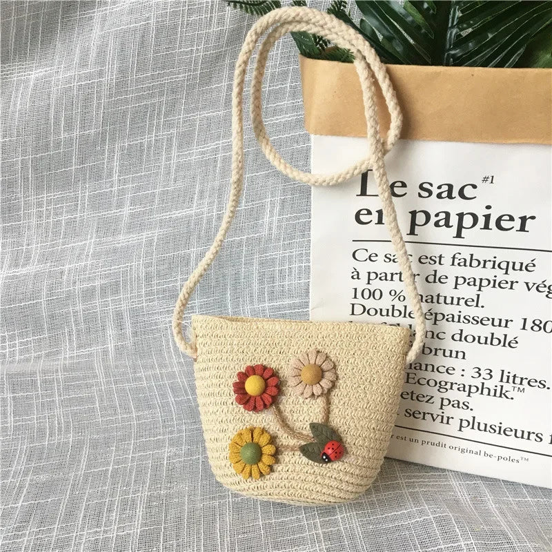 Children's Straw Crossbody Bag Lovely Girls Small Coin Purse Princess Wallet Handbags Baby Kids Mini Summer Shoulder Bags