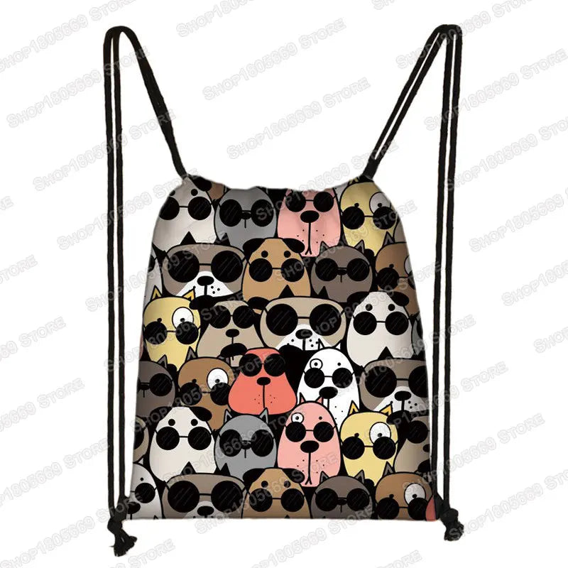 Kawaii Cartoon Dog Cat Backpack Women Drawstring Bags Canvas Shoulder Bag for Travel Girls Rucksack Storage Bags Shoes Holder