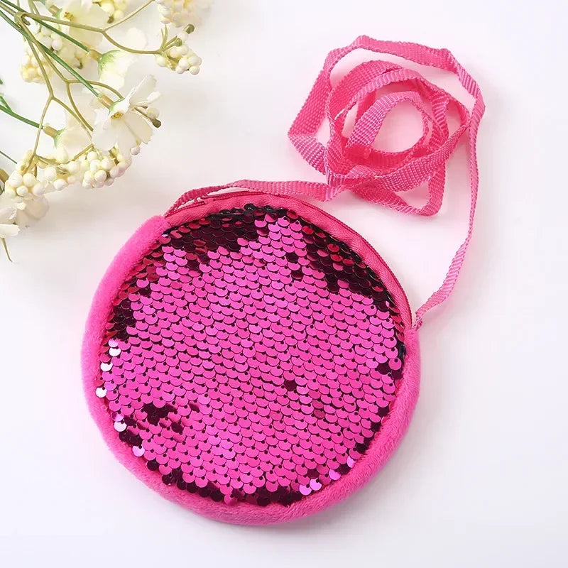 Round Princess Coin Purse Color Sequins Shiny Lanyard Shoulder Bag Children's Messenger Small Pack Kids Handbag Lovely Girl Gift