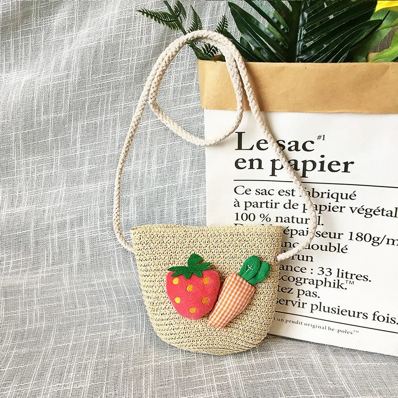 Children's Straw Crossbody Bag Lovely Girls Small Coin Purse Princess Wallet Handbags Baby Kids Mini Summer Shoulder Bags