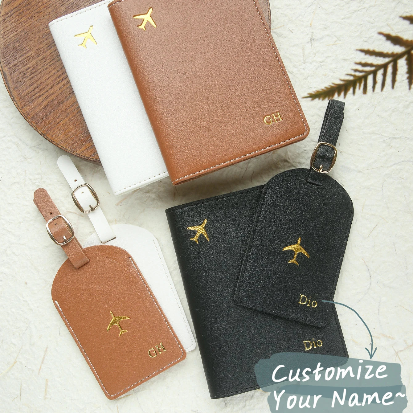 2PCS Custom Name Passport Holder & Luggage Tag Set Customized Gold Monogram Name Faux Leather Passport Cover with a Luggage Tag