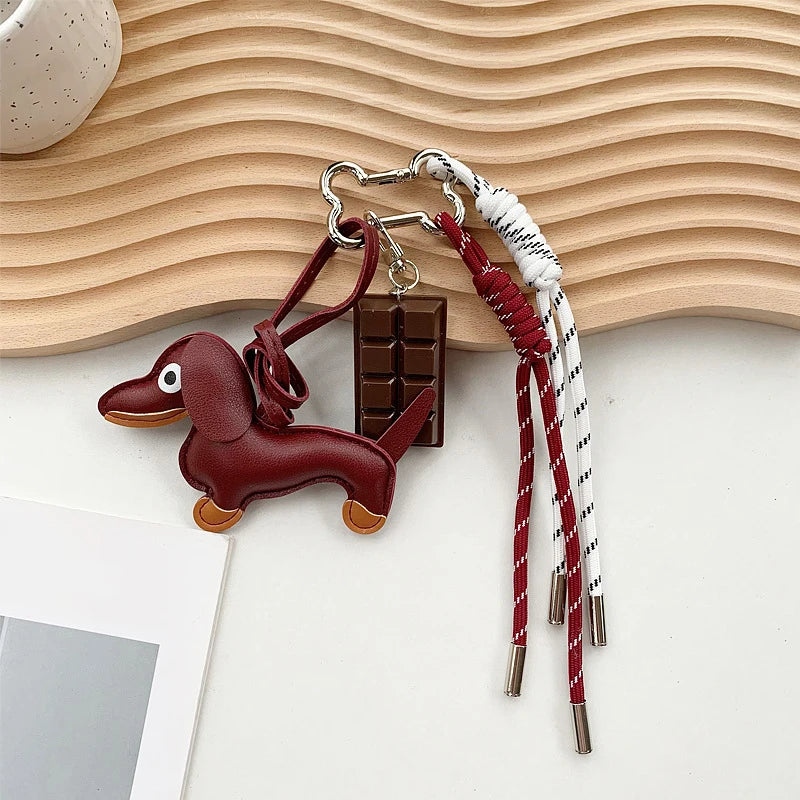 Leather Dachshund Bag Pendant Creative Keychain Lanyard bag Accessory Key Pendant Car Keyring Charm Gift