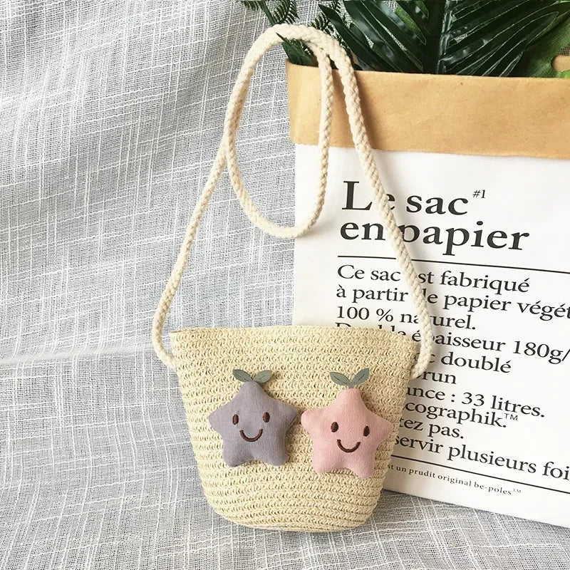 Children's Straw Crossbody Bag Lovely Girls Small Coin Purse Princess Wallet Handbags Baby Kids Mini Summer Shoulder Bags