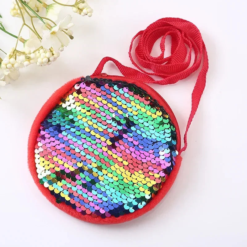 Round Princess Coin Purse Color Sequins Shiny Lanyard Shoulder Bag Children's Messenger Small Pack Kids Handbag Lovely Girl Gift