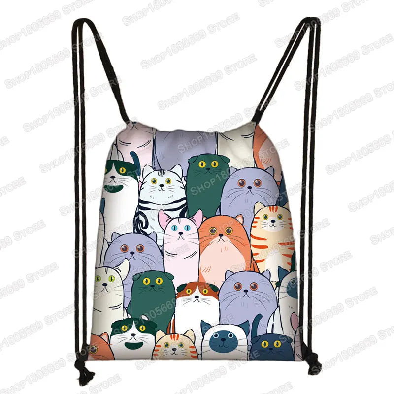 Kawaii Cartoon Dog Cat Backpack Women Drawstring Bags Canvas Shoulder Bag for Travel Girls Rucksack Storage Bags Shoes Holder
