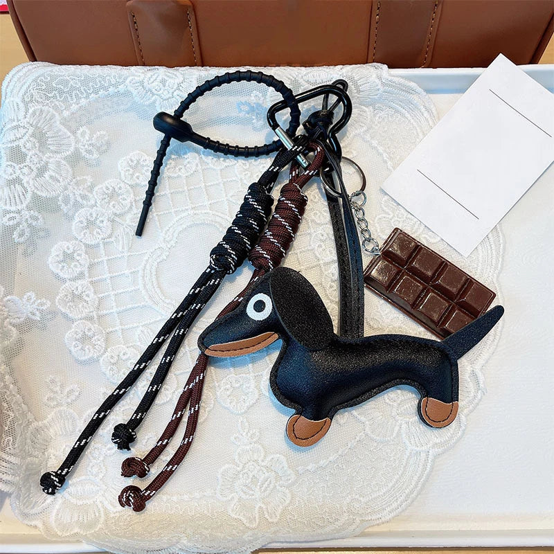 Leather Dachshund Bag Pendant Creative Keychain Lanyard bag Accessory Key Pendant Car Keyring Charm Gift