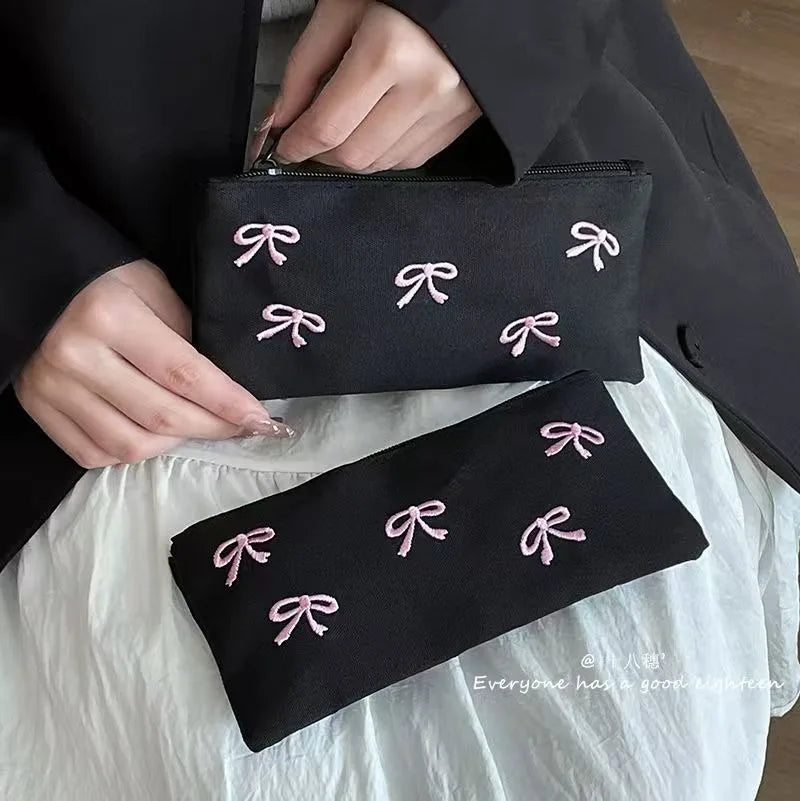 ins Japanese bow embroidery pencil bag high value girl student stationery makeup brush storage bag portable pencil bag