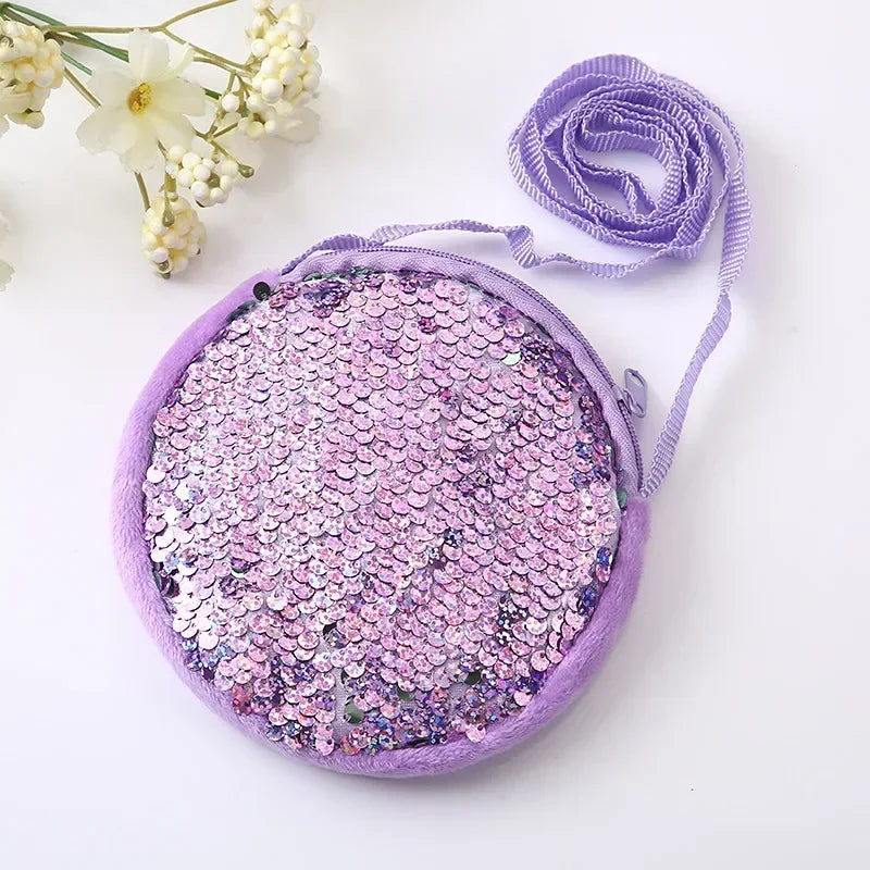 Round Princess Coin Purse Color Sequins Shiny Lanyard Shoulder Bag Children's Messenger Small Pack Kids Handbag Lovely Girl Gift