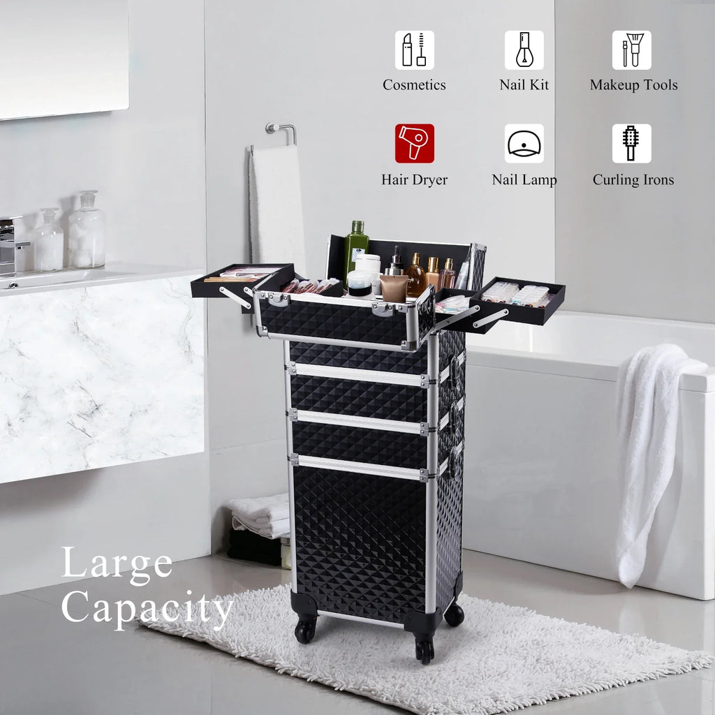 Makeup Trolley Case Detachable 4 in 1 Alloy Train Briefcase for Nail Manicure on Wheels Lock Salon Large Capacity Storage Case