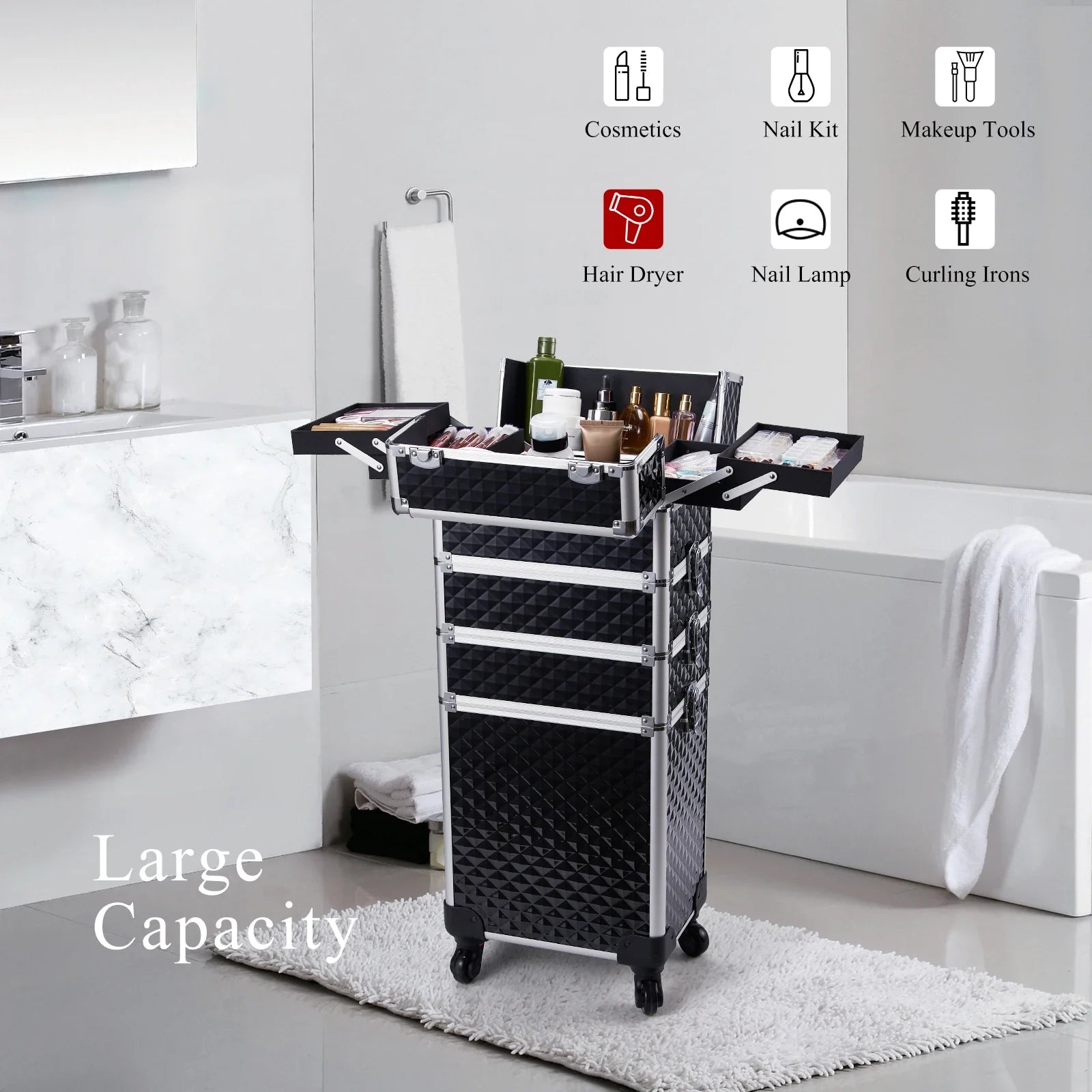Makeup Trolley Case Detachable 4 in 1 Alloy Train Briefcase for Nail Manicure on Wheels Lock Salon Large Capacity Storage Case